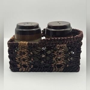 1970s Drip Glaze Salt & Pepper Shaker Set with Woven Caddy – Boho Kitchen